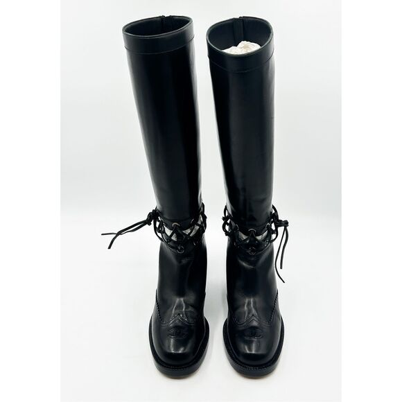 Chanel Knee High Boots Cap Toe Black Leather Lace Up Cutout - Picture 6 of 16